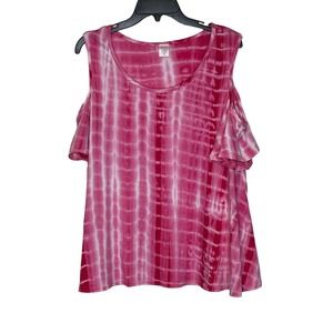 Ricrac & Ruffles Pink Tie‎ Dye Cold Shoulder Top Stretch Ruffled Sleeve XL Women